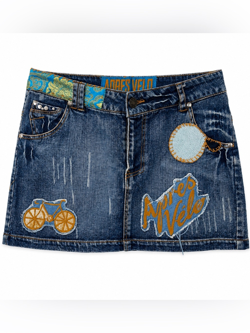 Apres Velo Embellished Denim Mini Skirt - Blue Patchwork Y2K Size 6 embroidered